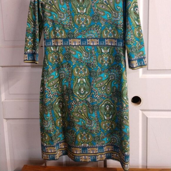 Talbots Dress Colorful Blue Green Paisley Sheath Dress 3/4 sleeve size 10 - Picture 2 of 8